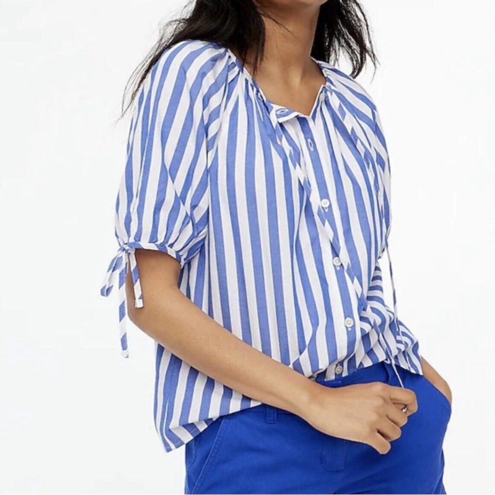 J. Crew Factory 3X BUTTON-FRONT TOP WITH TIE SLEEVES BLUE